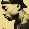 A black and white portrait of Tupac from the side, wearing a cap and a gold chain.