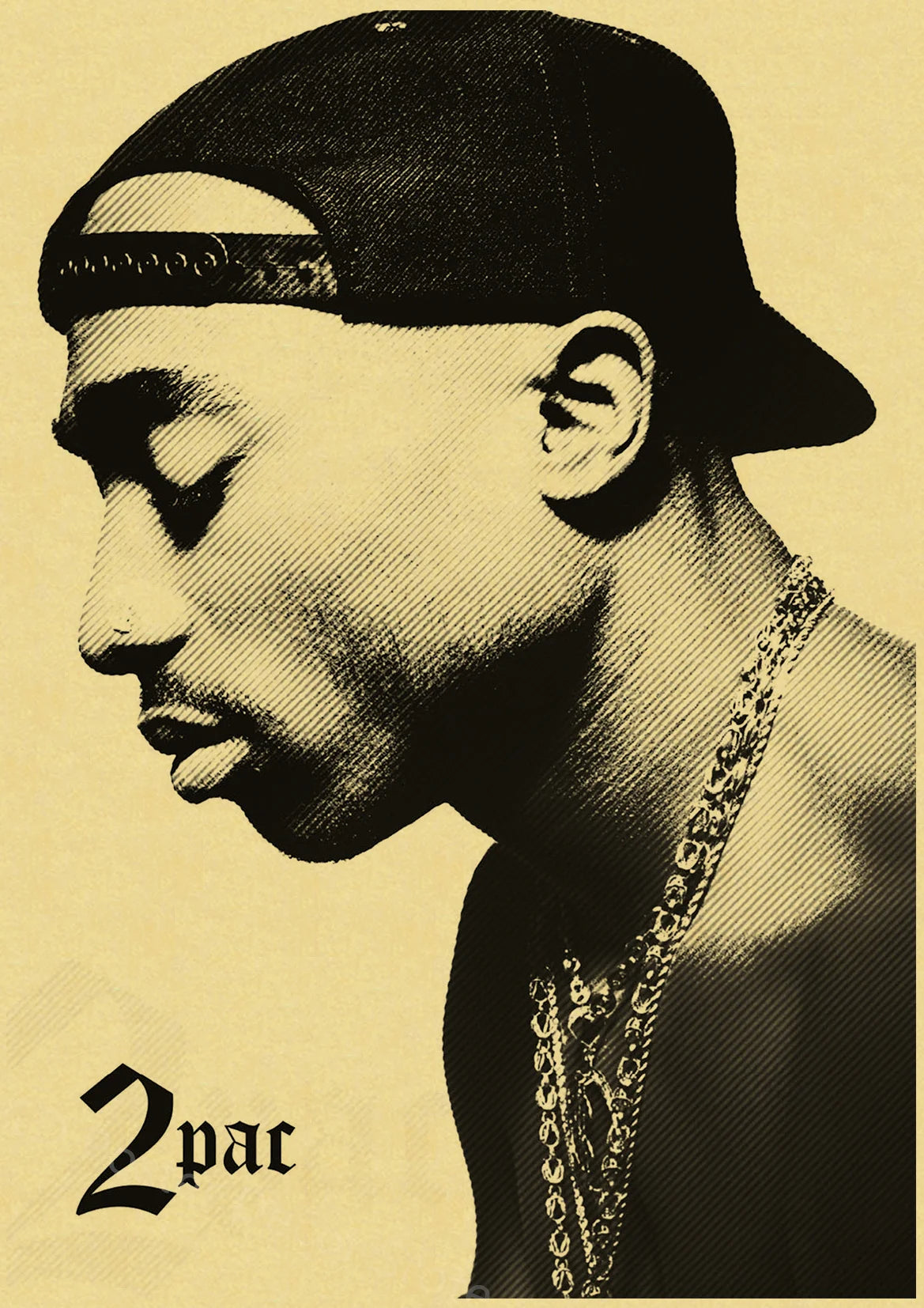 A black and white portrait of Tupac from the side, wearing a cap and a gold chain.