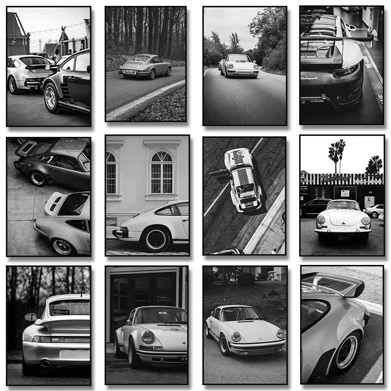 Un collage de voitures modernes, y compris une coupette argentée et une voiture de sport blanche, prises sous différents angl