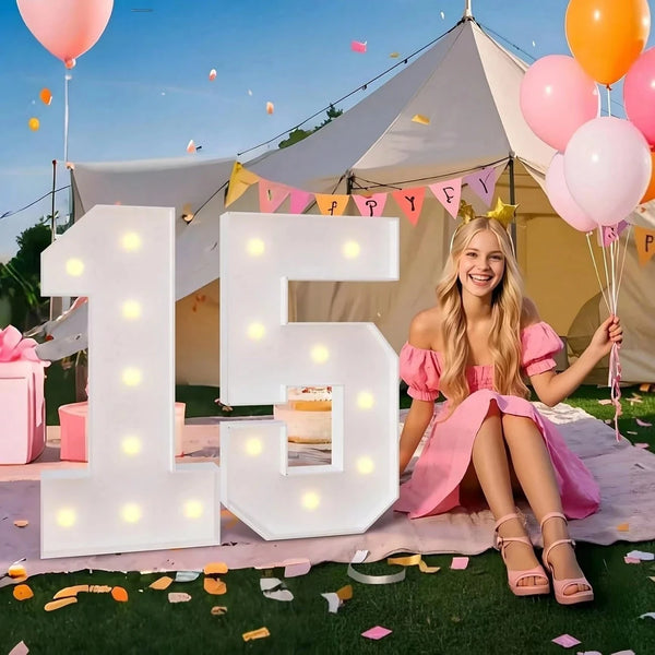 A smiling young woman sits in front of a large white marquee number 15 made of LED lights with pink and orange balloons in th