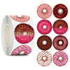 Roll of round sealing labels featuring various pink and brown glitter icing designs for weddings and parties