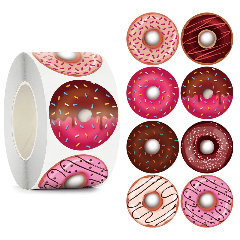 Roll of round sealing labels featuring various pink and brown glitter icing designs for weddings and parties