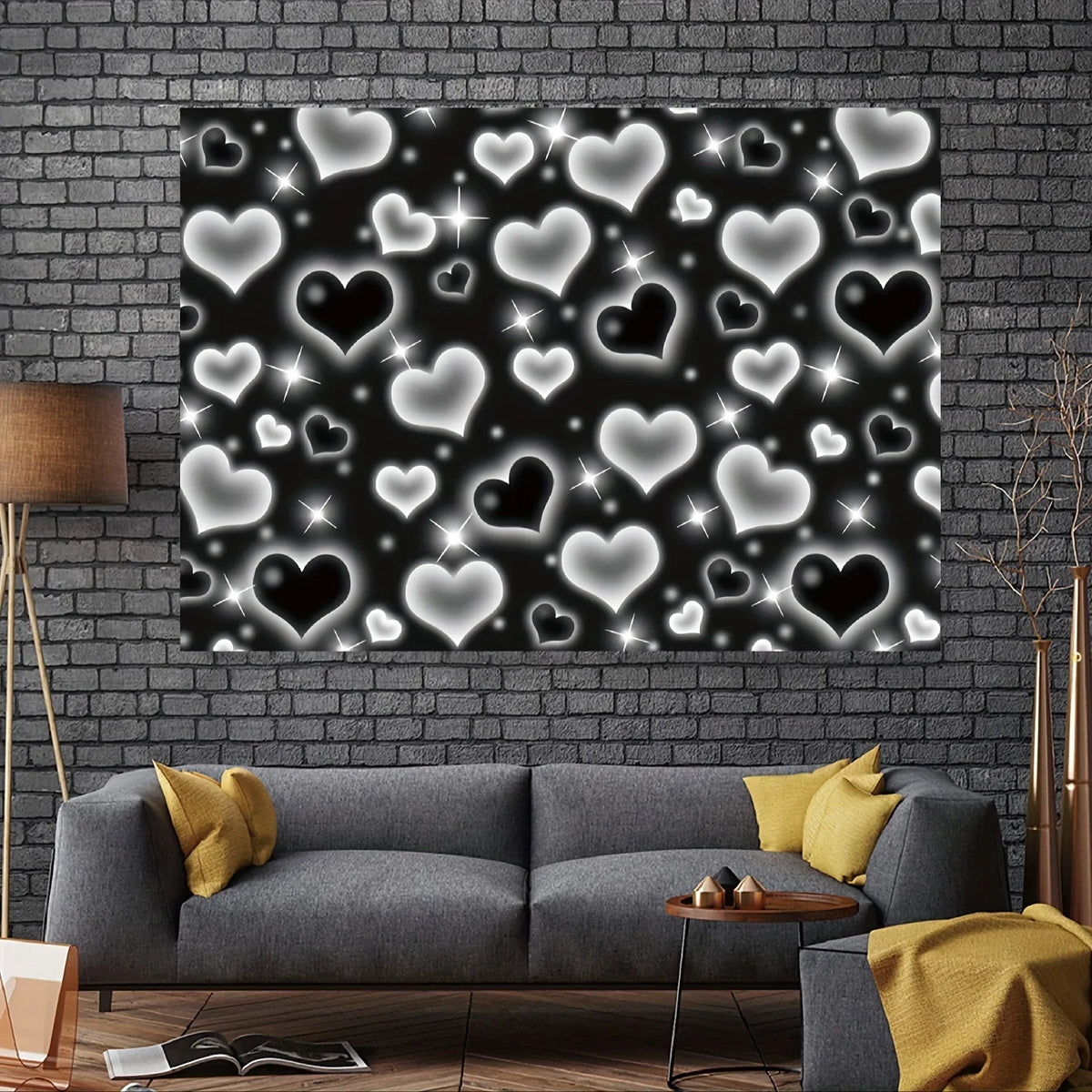 A dark wall decorated with a pattern of glowing heart shapes on a sofa in a modern living room.