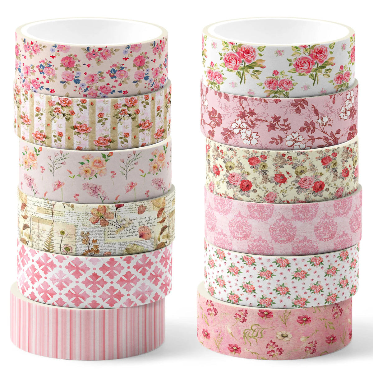 A set of twelve rolls of retro floral themed washi tape in various pink and green patterns.