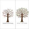 Deux illustrations aquarelles d'arbres nus et feuillus avec des rubans rouges, utilisées comme design pour un arbre à emprein