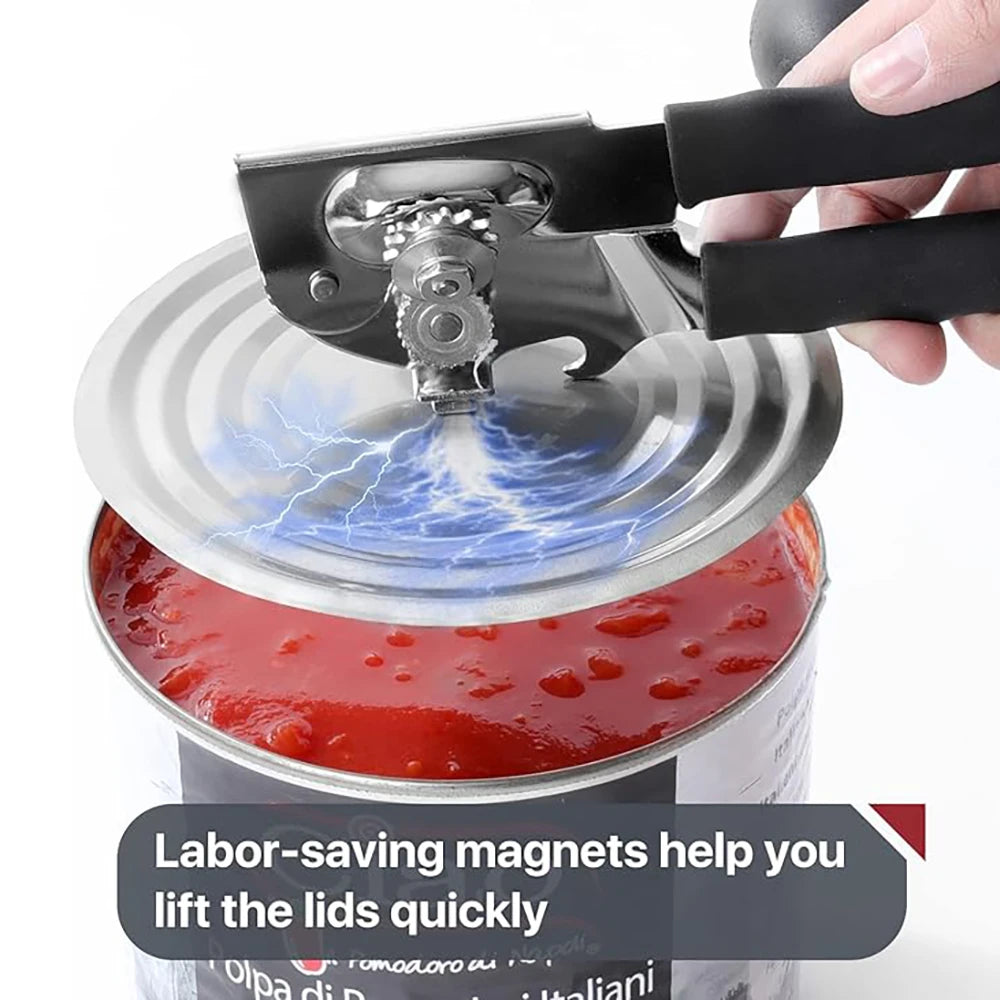 A hand is using a heavy-duty manual can opener with magnetic lid locks to quickly open a large can.