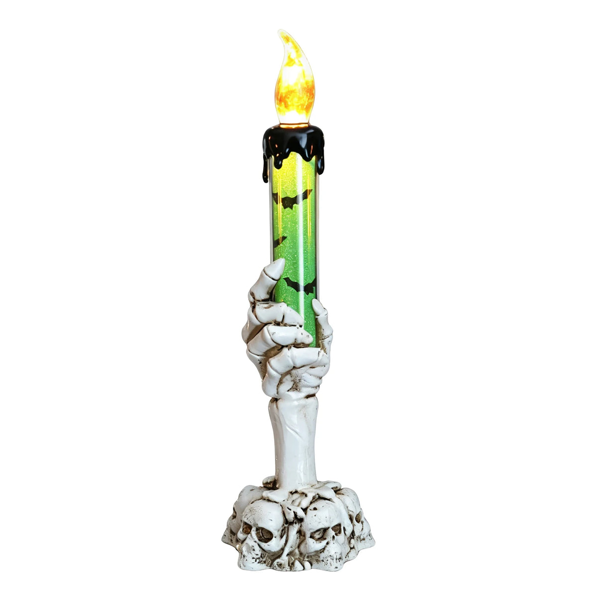 Gruselige Geisthand aus weißem Material, die eine leuchtend grüne Kerze für Halloween-Dekoration hält
