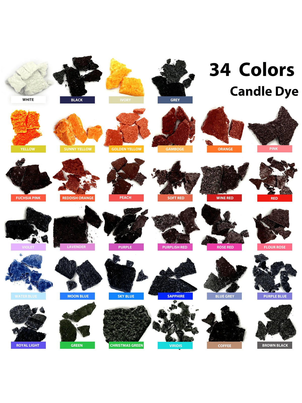A collection of 34 colored candle dye blocks in various shades including white, black, yellow, orange, pink, and green.