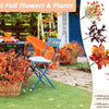 Eine Sammlung von sieben verschiedenen Herbstblumen und Pflanzen in einem geflochtenen Korb auf einer grünen Rasenfläche.