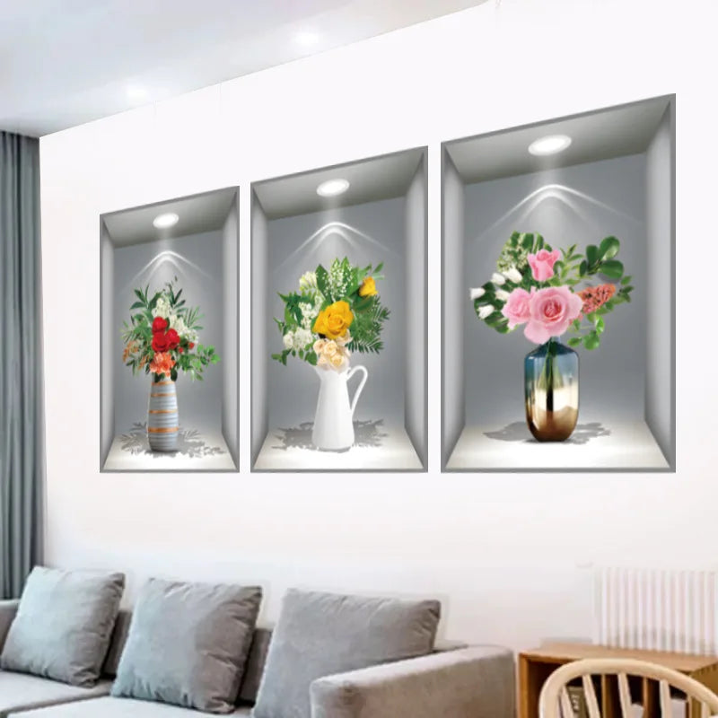 Trois autocollants muraux encadrés avec des bouquets de fleurs fraîches de diverses couleurs et arrangements.