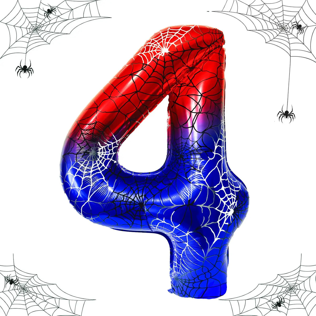 A large foil balloon shaped like the number 4 in blue with a spider web design, surrounded by other spider webs.