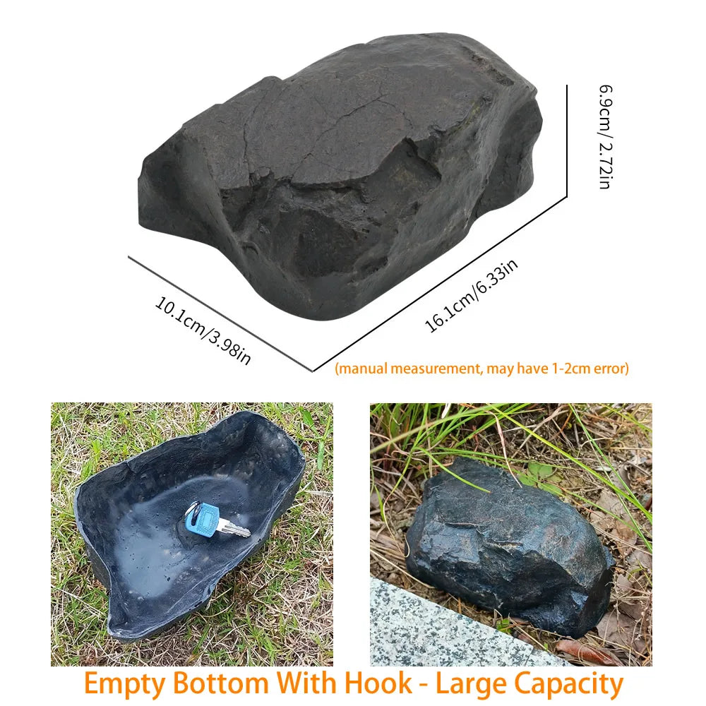 A dark, smooth stone with a hook attached to the bottom, used for hiding keys in the garden.