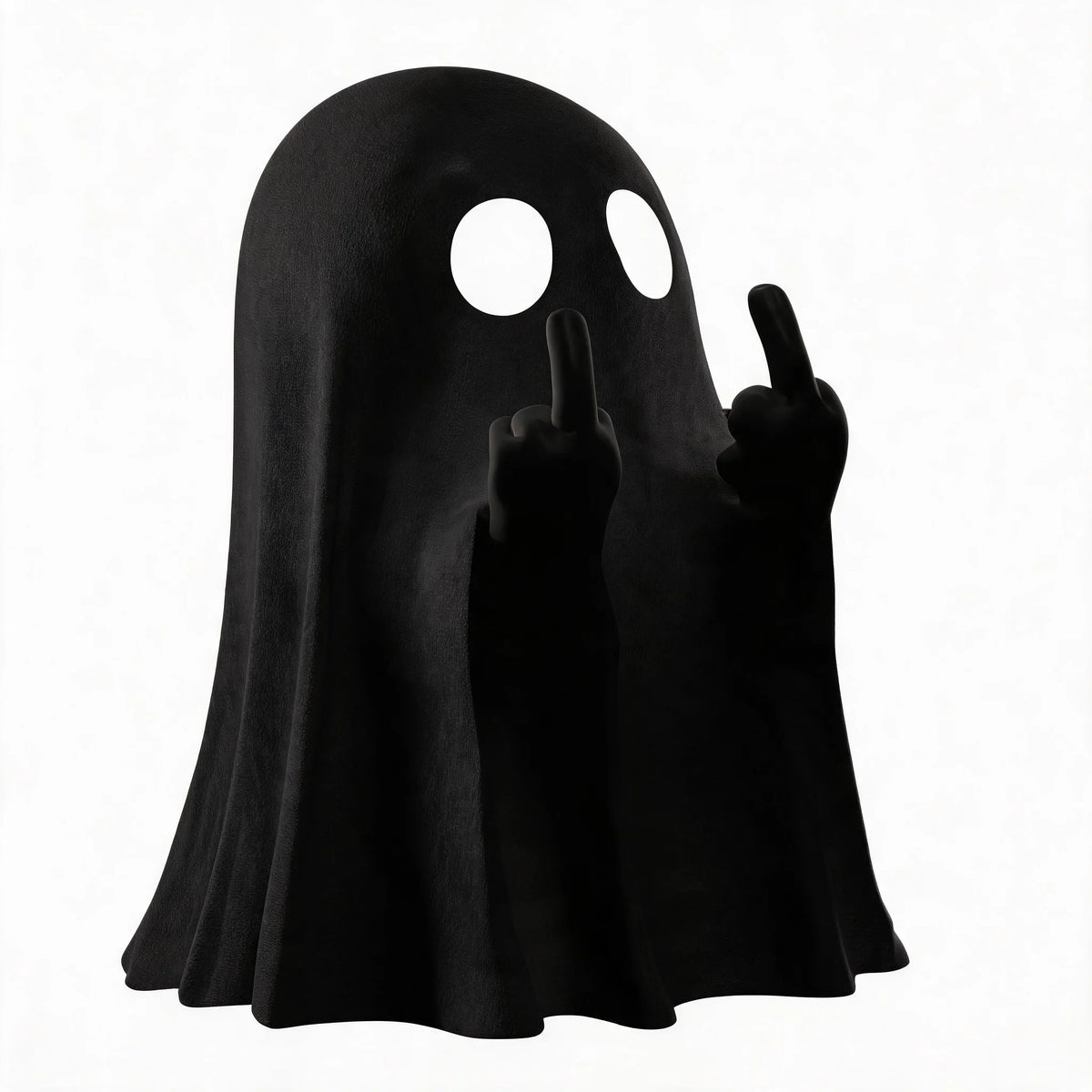 A black ghost figurine with an eerie face making a sassy hand gesture.