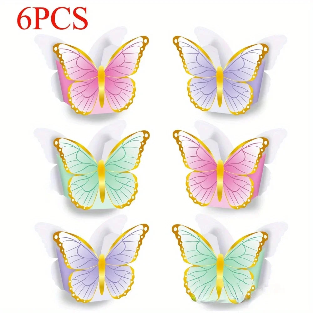 A set of six colorful butterfly decorations for a garden party table