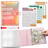 A pink binder for the 100 Envelope Savings Challenge with cash envelopes and a tracker sheet.