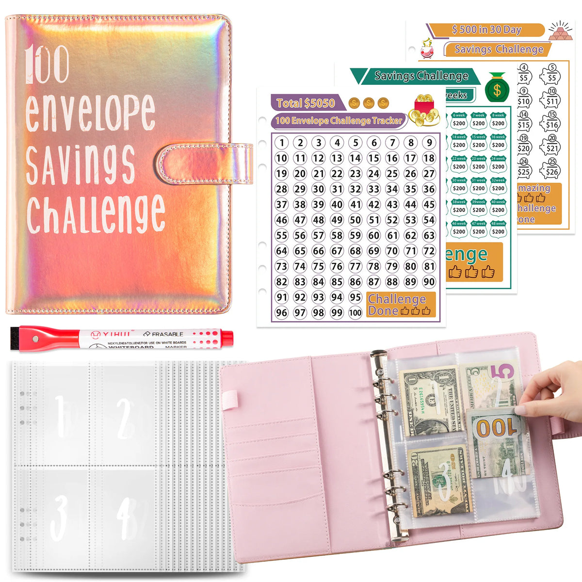 A pink binder for the 100 Envelope Savings Challenge with cash envelopes and a tracker sheet.