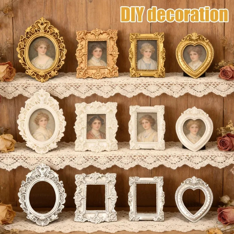 A collection of vintage gold and white mini picture frames displayed on wooden shelves for DIY decoration.