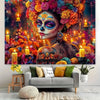 A vibrant painting featuring a woman with intricate Day of the Dead makeup surrounded by colorful floral decorations.