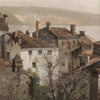 A muted oil painting depicting a village scene with terracotta roofs and hazy hills under an overcast sky.