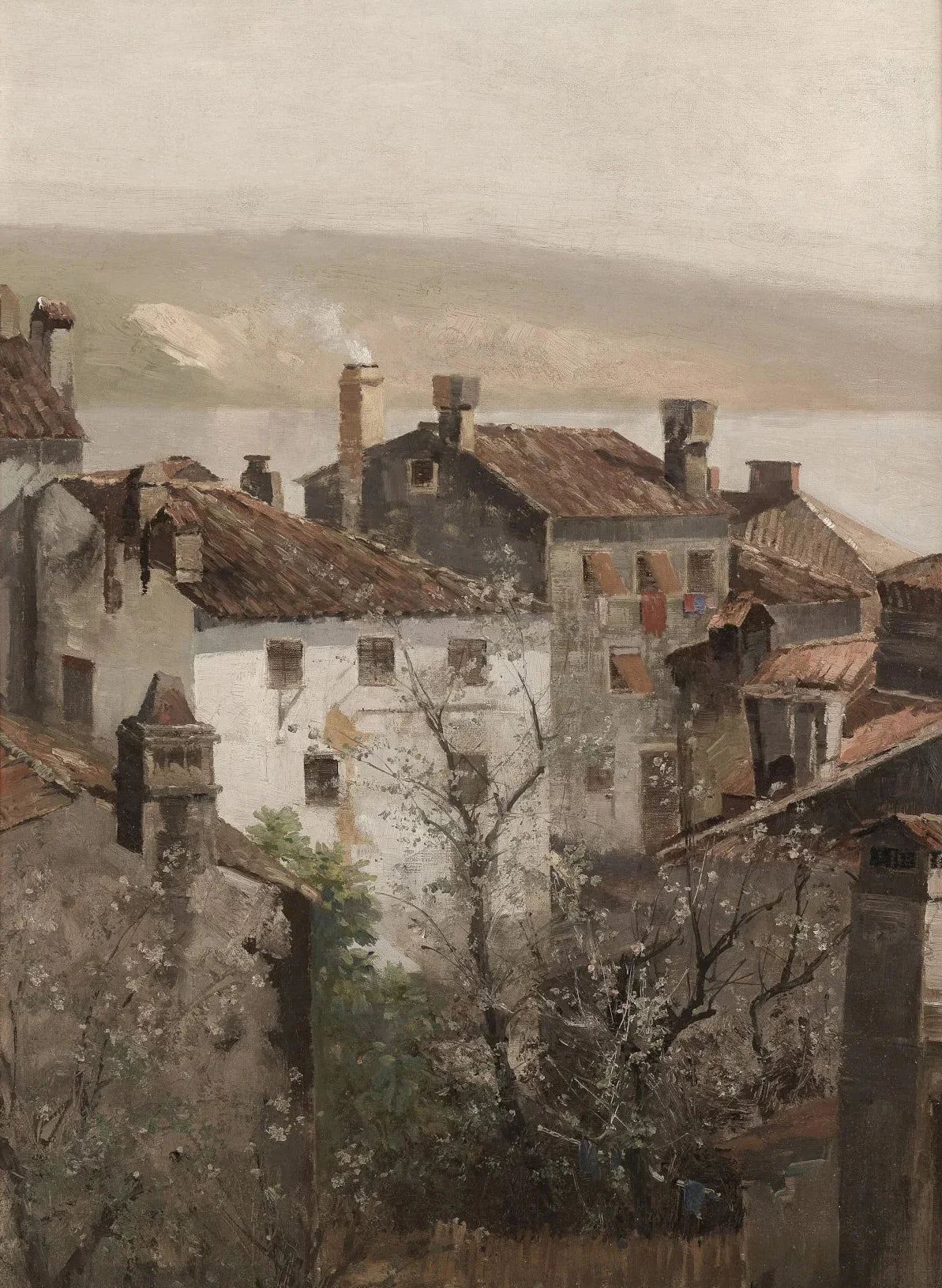 A muted oil painting depicting a village scene with terracotta roofs and hazy hills under an overcast sky.