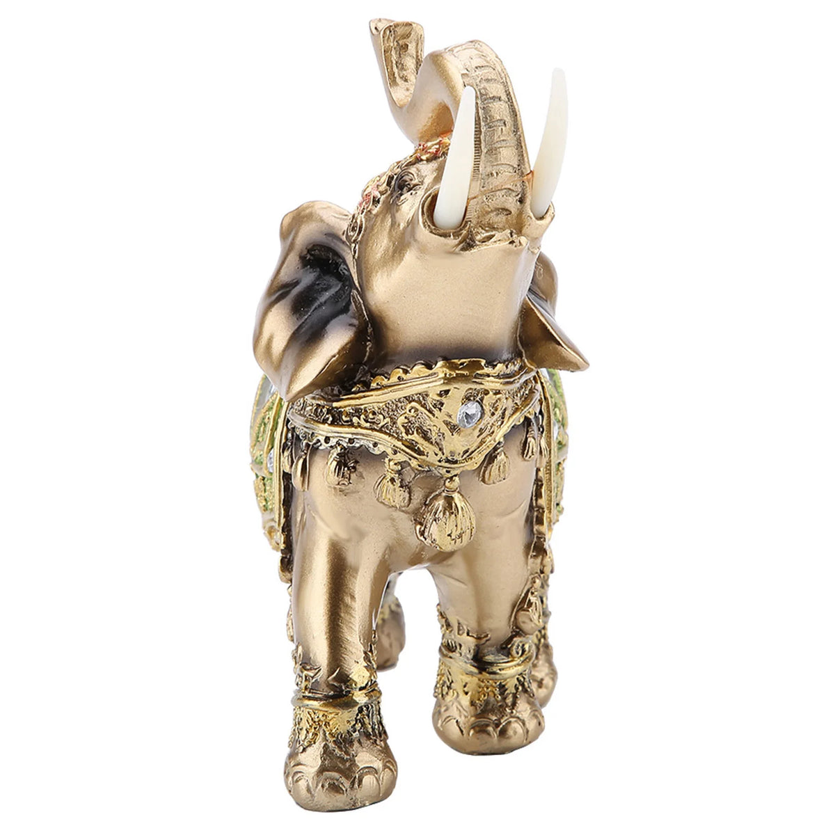 Goldene Elefantstatue mit Tusken und aufwendiger Verzierung, darstellt Reichtum und Glück.