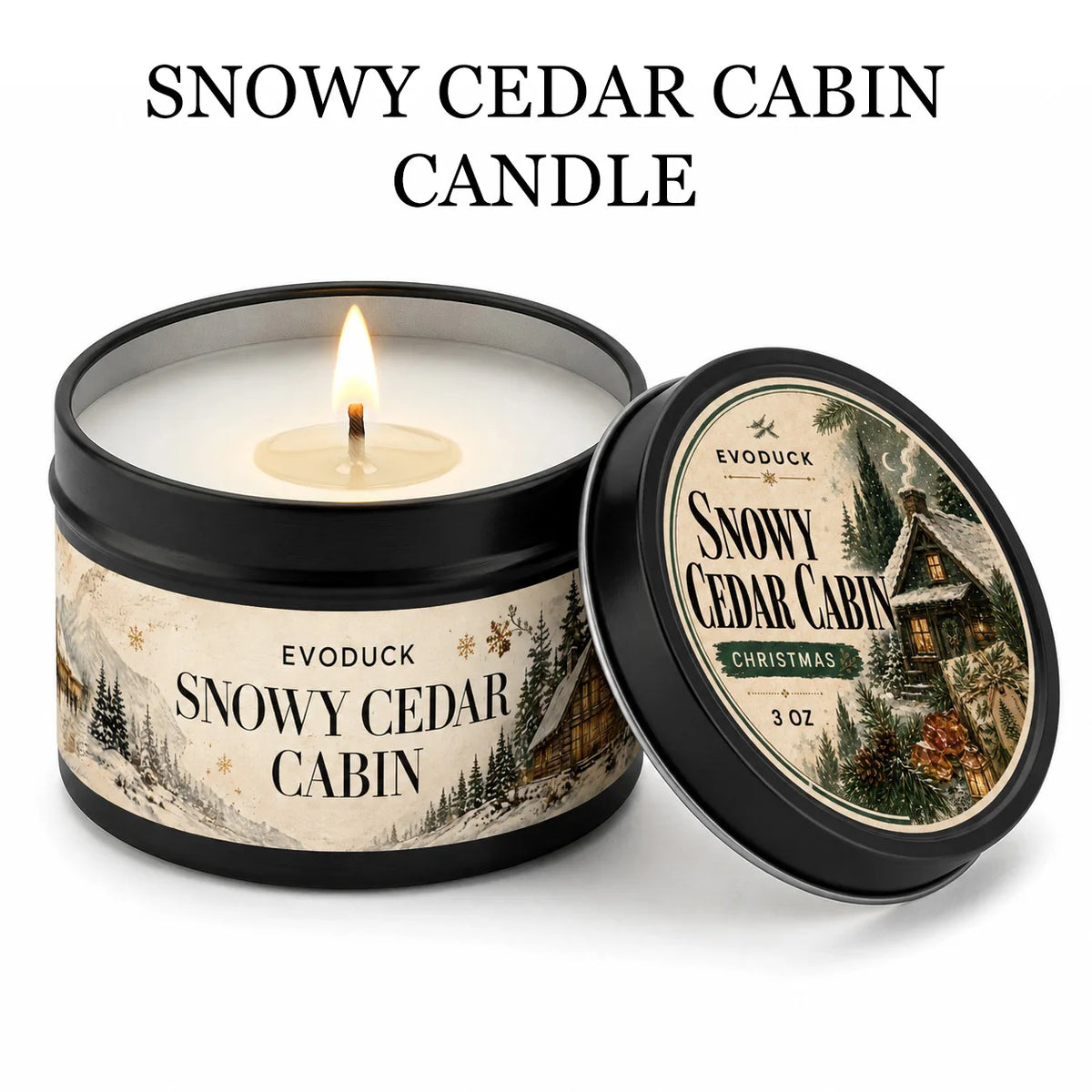 Snowy Cedar Cabin candle in a black tin with a lit wick and decorative label