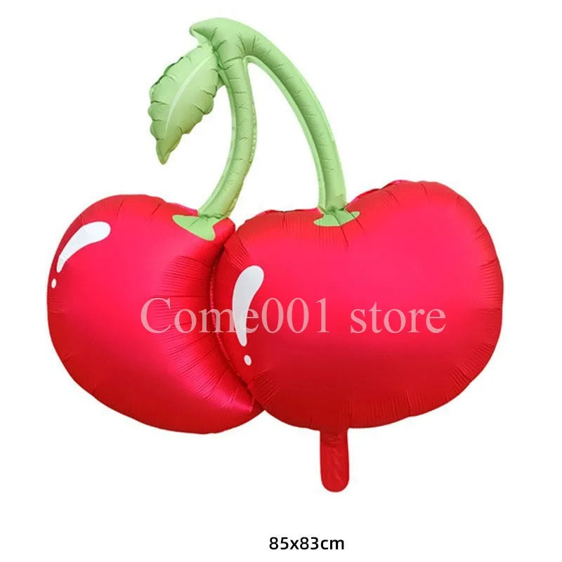 Red heart shaped foil balloon with green leaves and a pink heart shaped foil balloon