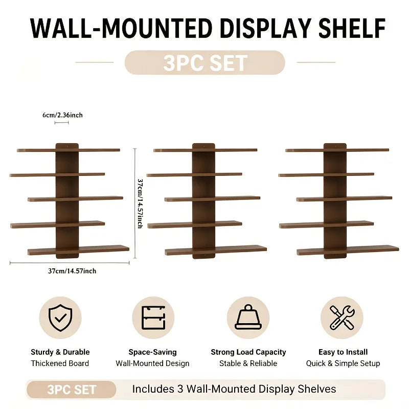 A set of three brown wall-mounted display shelves for storage and decoration.