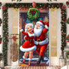 Christmas Santa and Elk Door Cover Banner featuring a smiling Santa and an elf in festive attire