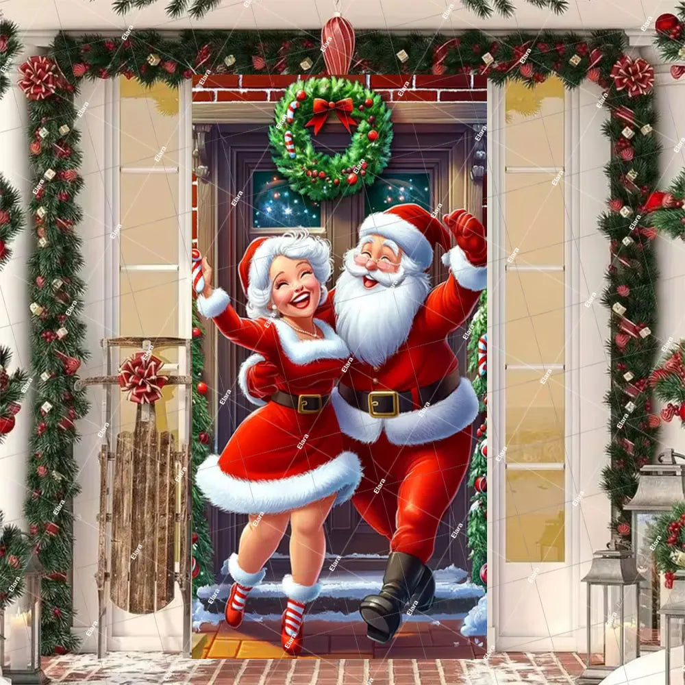 Christmas Santa and Elk Door Cover Banner featuring a smiling Santa and an elf in festive attire
