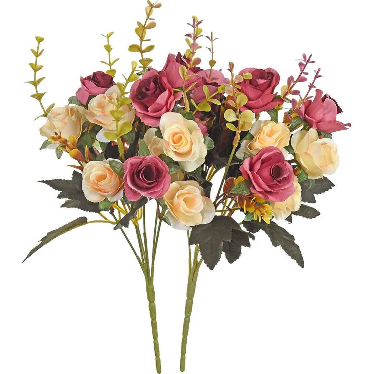 A bouquet of realistic silk rose flowers in shades of pink, cream, and blush roses and greenery.