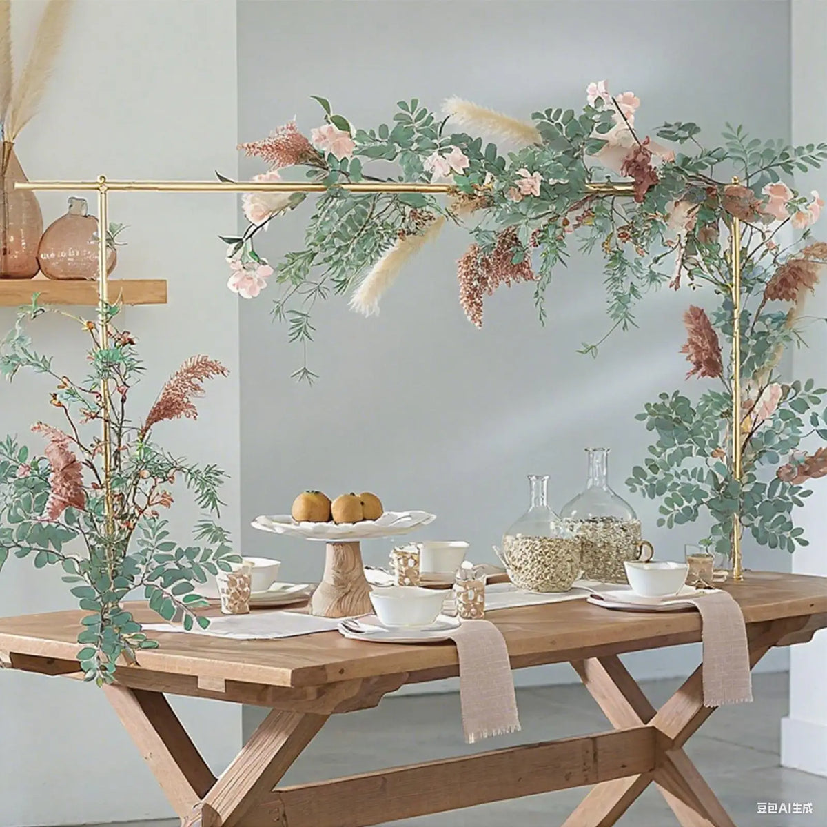 A wooden table displays an adjustable balloon arch stand with gold clamps and greenery for parties.