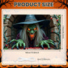 A green, monstrous figure with glowing eyes wearing a hat is featured in a spooky Halloween door cover design.