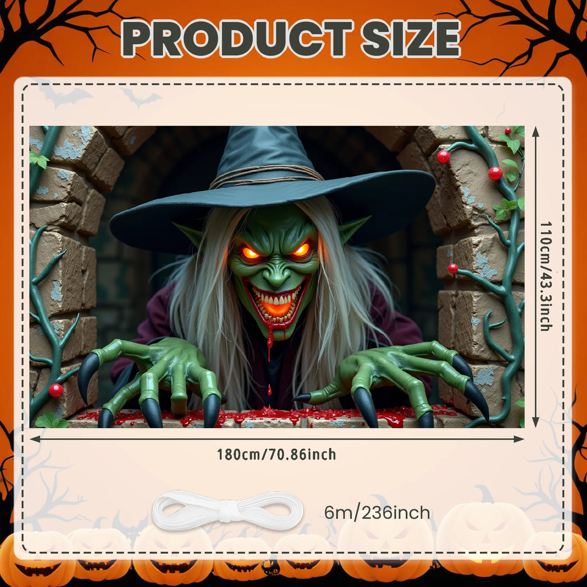 A green, monstrous figure with glowing eyes wearing a hat is featured in a spooky Halloween door cover design.