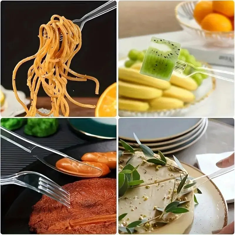 A collection of clear plastic dessert forks is shown next to various food items like fruit and meat.