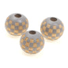 Three natural wooden checkered beads for jewelry making, round and grey-brown.