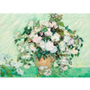 A painting featuring a lush bouquet of white and pink flowers in a terracotta vase against a light green background.