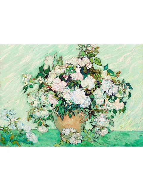 A painting featuring a lush bouquet of white and pink flowers in a terracotta vase against a light green background.