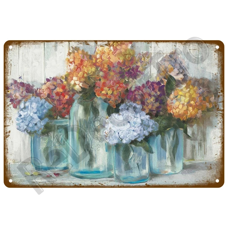 A vintage metal tin sign featuring a painting of colorful flowers in glass vases.