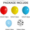 A package of 12-inch latex balloons includes red, yellow, and blue solid colored balloons, plus two white cloud and cow print
