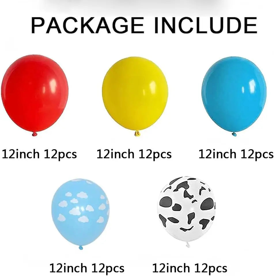 A package of 12-inch latex balloons includes red, yellow, and blue solid colored balloons, plus two white cloud and cow print