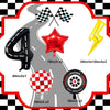 A set of nine foil balloons, including a number four, a star, and various checkered flag designs, for a birthday party decora