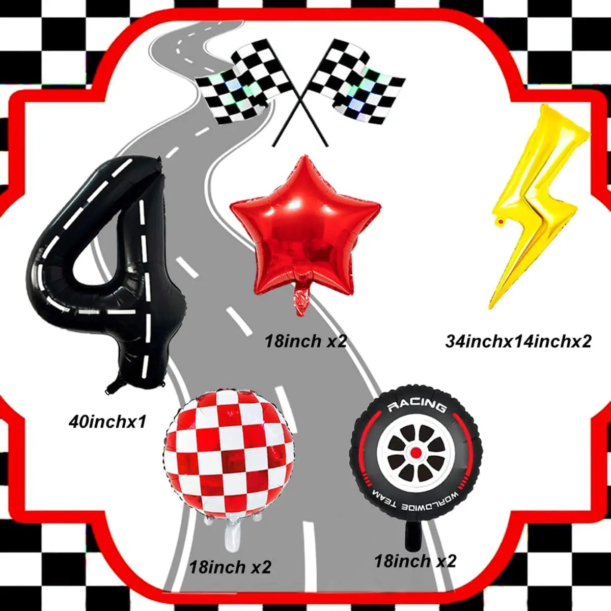 A set of nine foil balloons, including a number four, a star, and various checkered flag designs, for a birthday party decora