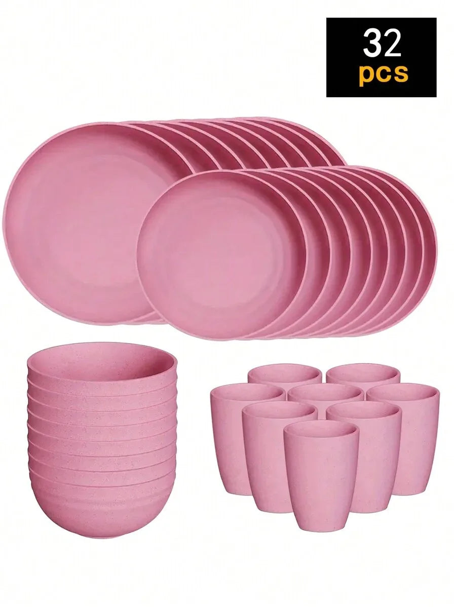 A set of 32 pink reusable plastic tableware items including plates and cups.
