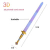 3D printed rumi sword prop with a purple blade and gold hilt, shown diagonally.