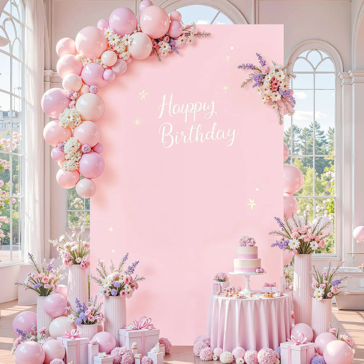 Fondo de arco de globos rosa decorado con flores y regalos para una celebración de cumpleaños.