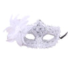 Silver rhinestone masquerade mask with a white feather flower attached