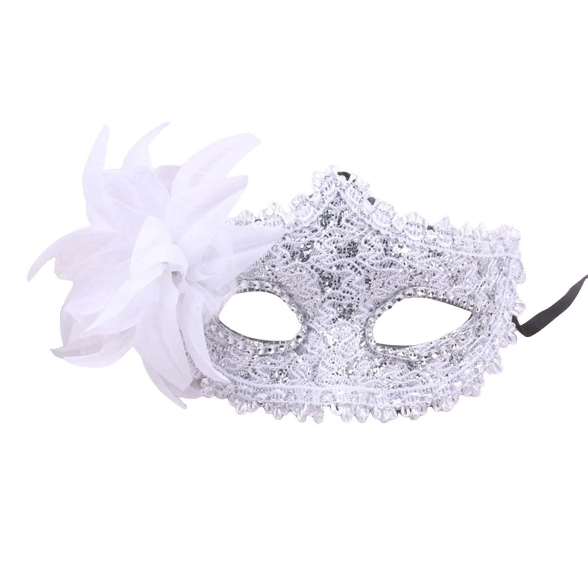 Silver rhinestone masquerade mask with a white feather flower attached
