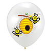 A white balloon featuring a yellow honeycomb design with bees and leaves.