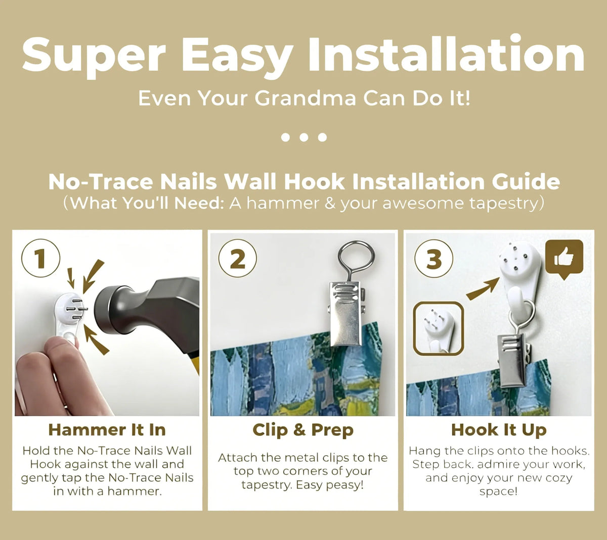 Installation guide showing how to install No-Trace Nails wall hook using a hammer and tapestry.